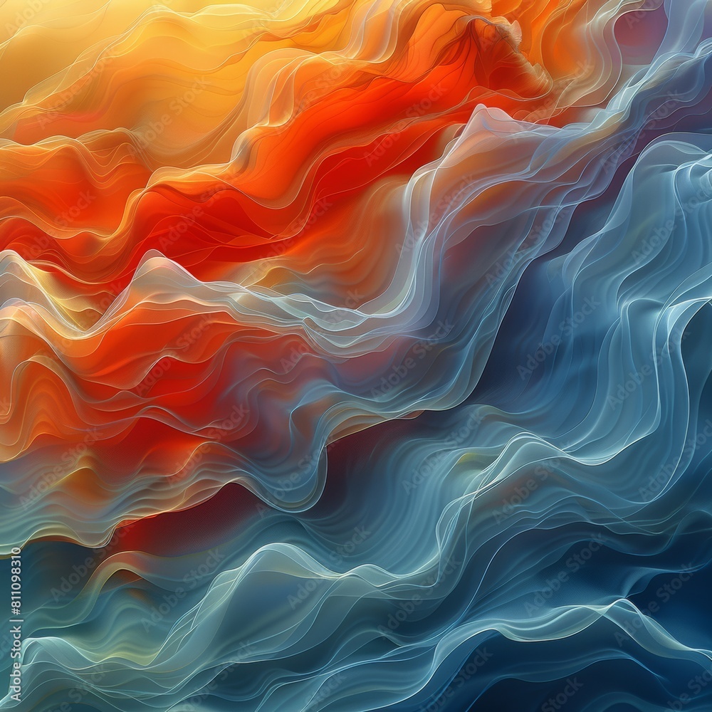 The image is an abstract painting with a red, orange, and blue color scheme. The painting has a wavy, fluid texture. The image is an abstract painting with a red, orange, and blue color scheme. The painting has a wavy, fluid texture.