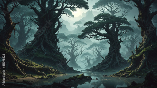 Twisted tree jungle with giant trees, dark fantasy setting, misty dangerous forest, high detail, epic illustration, no AI artifacts