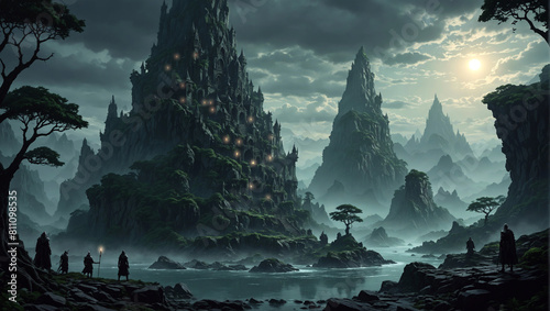 Expedition of adventurers discover a towering mountain city, epic dark fantasy scene, lost civilization in the valley, dark clouds, high detail, no AI artifacts, illustration photo