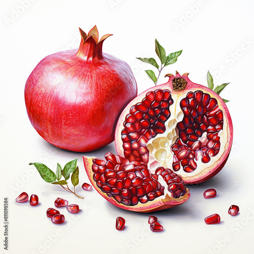 Drawed pomegranate with pomegranate seeds and green leaves on white background 