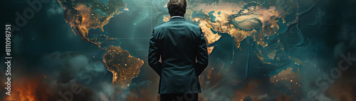 A businessman stands in front of a world map, looking at the world's major cities photo