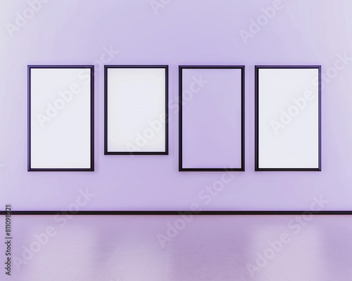 Contemporary art museum with four blank posters in sleek black frames highlighted against a light lavender wall suitable for exhibition previews or museum events