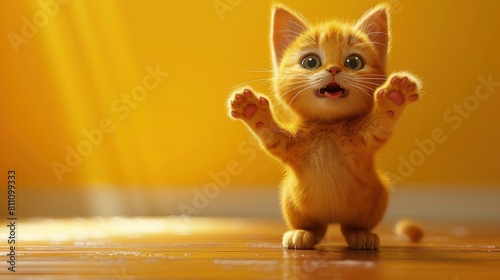 An adorable cat full of joy on a yellow background. © pengedarseni