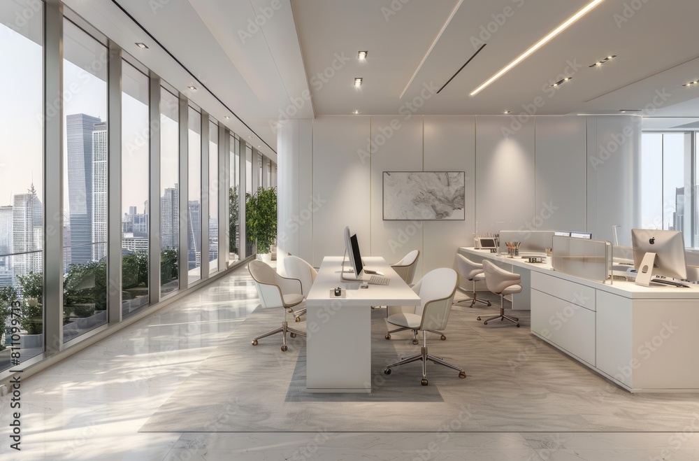 Modern office space with white desks and chairs, panoramic windows overlooking the cityscape, neutral color palette of light gray concrete floors Modern office space with white desks and chairs, panoramic windows overlooking the cityscape, neutral color palette of light gray concrete floors