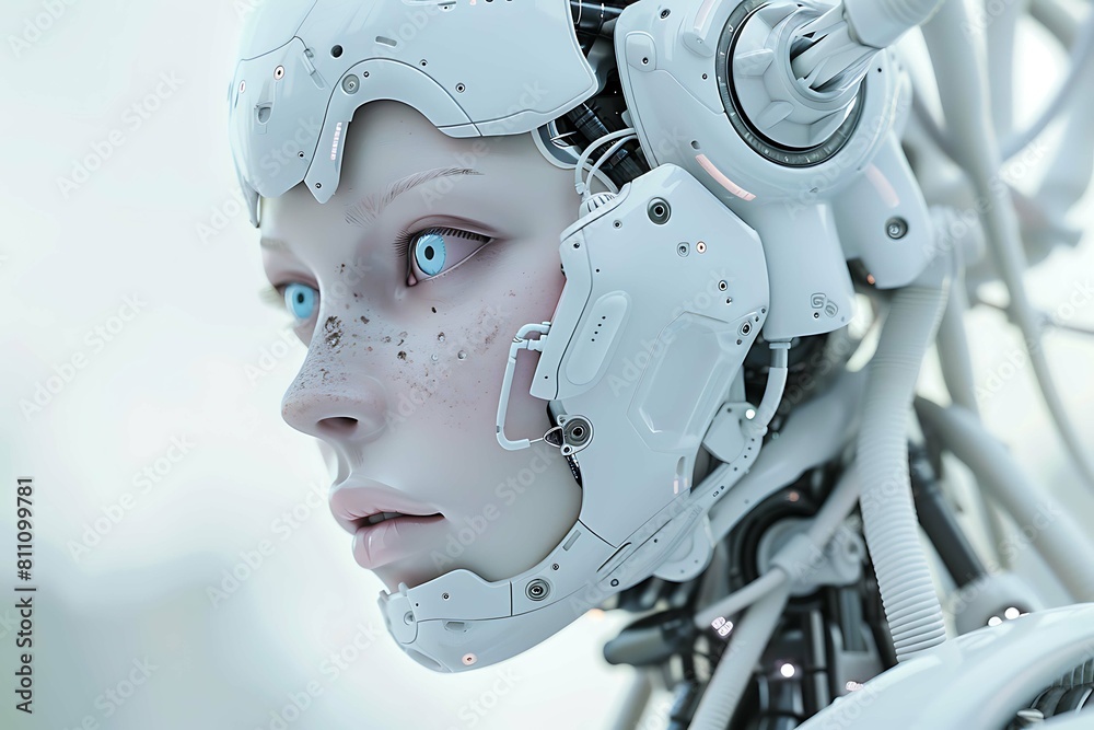 Stunning image featuring a humanoid female robot crafted entirely in white Stunning image featuring a humanoid female robot crafted entirely in white