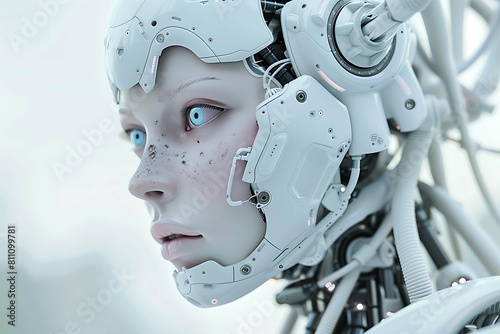 Stunning image featuring a humanoid female robot crafted entirely in white