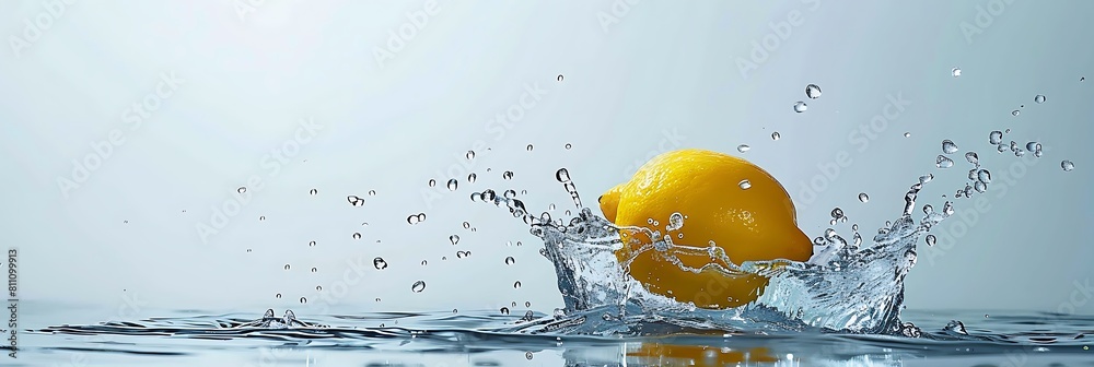 Minimalistic and modern, a simple yet striking image of a lemon splashing into clear water, with ripples spreading outwards Minimalistic and modern, a simple yet striking image of a lemon splashing into clear water, with ripples spreading outwards