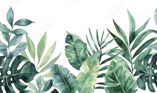 Fototapeta Naklejka Na Ścianę i Meble -  Watercolor frame with tropical leaves and jungle plants