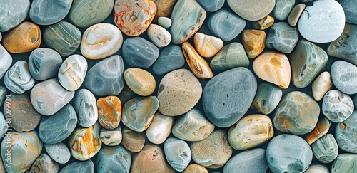 A background of smooth, round pebbles in various colors and sizes arranged neatly together photo