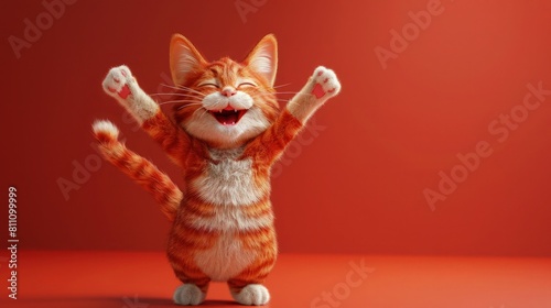 A cute cat behaves adorable on a red background photo