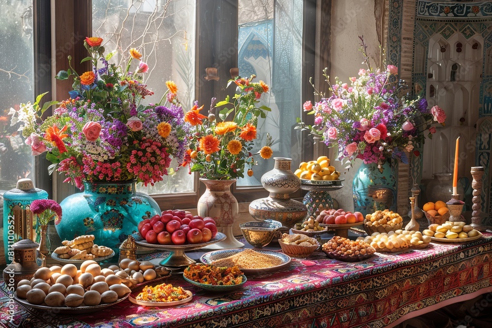 Traditional Haft-Seen Table Display With Colorful Flowers and Food for Nowruz Celebration Traditional Haft-Seen Table Display With Colorful Flowers and Food for Nowruz Celebration