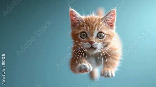 An adorable cute cat leaps on a blue background