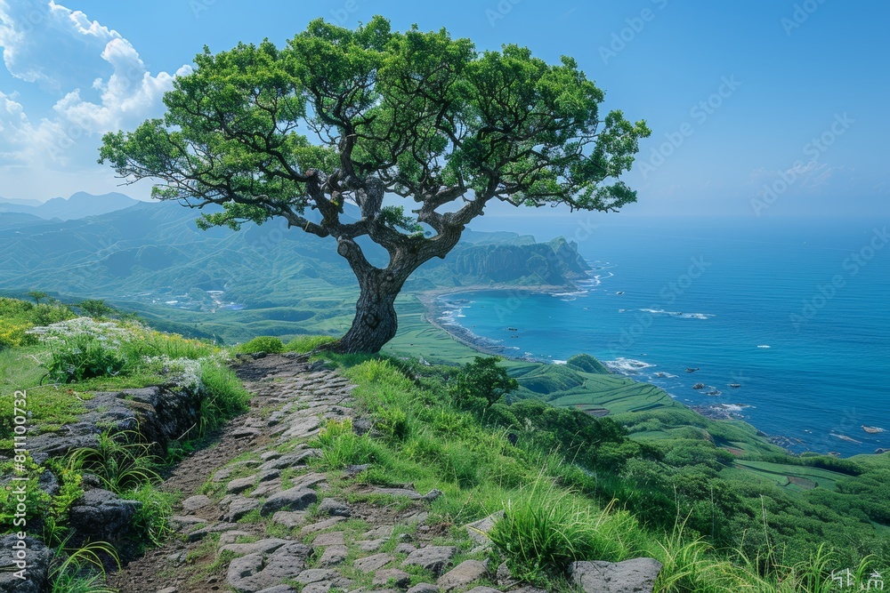 Lone Tree on the Beautiful Saebyeol Oreum Hill Overlooking Jeju Coastline Lone Tree on the Beautiful Saebyeol Oreum Hill Overlooking Jeju Coastline
