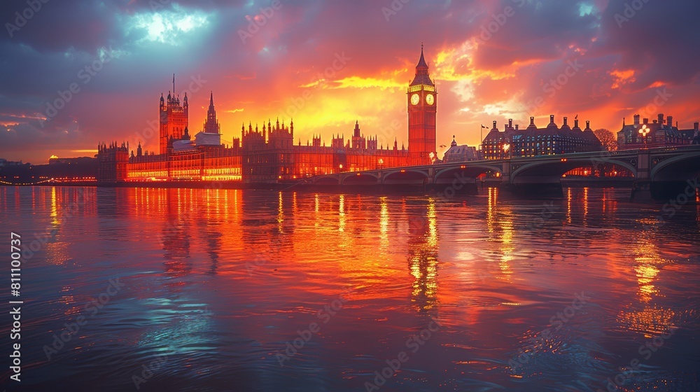 Stunning Sunset Over London's Iconic Houses of Parliament and Big Ben
