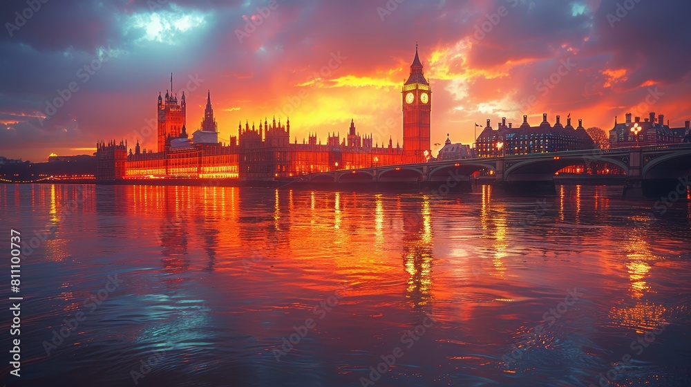 Fototapeta premium Stunning Sunset Over London's Iconic Houses of Parliament and Big Ben