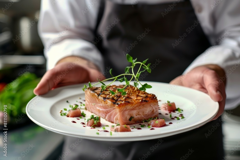 Expert master chef presenting a beautifully plated tuna steak, symbolizing culinary excellence and fine dining sophistication.