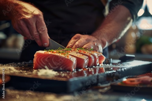 Expert master chef preparing a signature tuna dish, showcasing creativity and innovation in gourmet cuisine.
