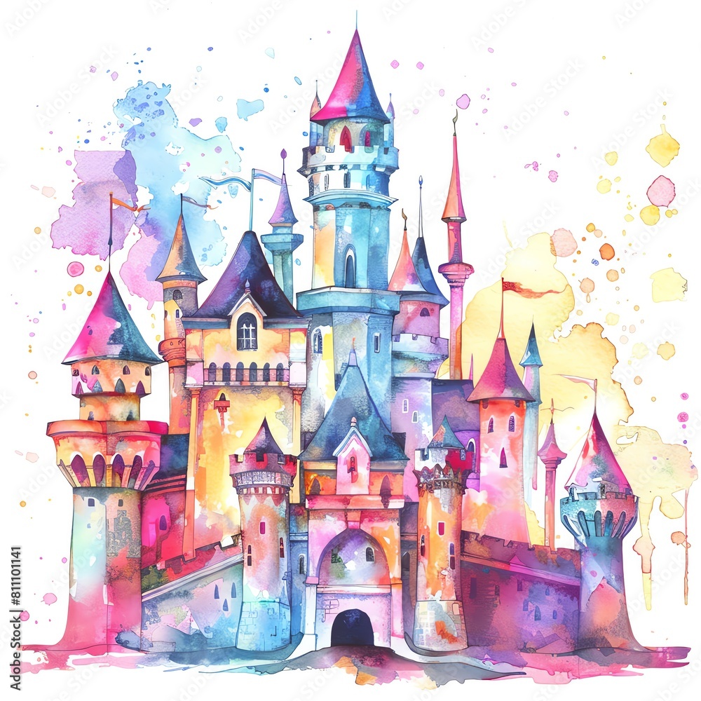 The image is a watercolor painting of a fairytale castle