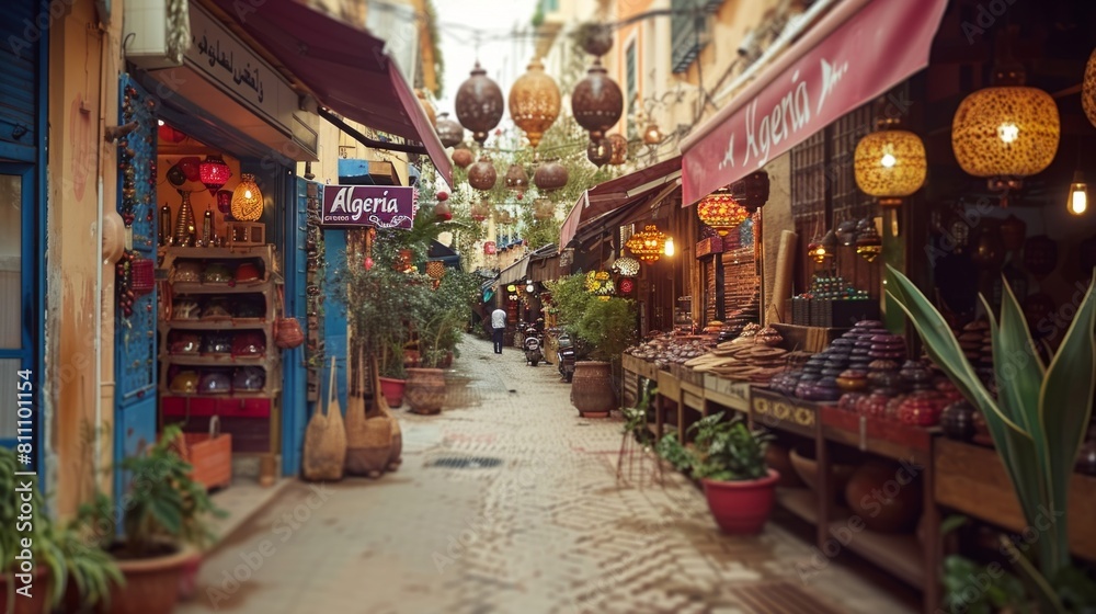 Obraz premium Colorful Market Alley in Algeria with Traditional Lanterns and Local Shops