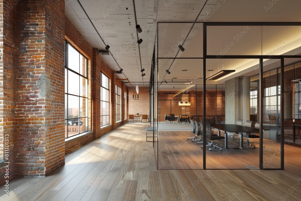Obraz premium Modern open office space with brick walls and glass, large meeting room on the right side of picture