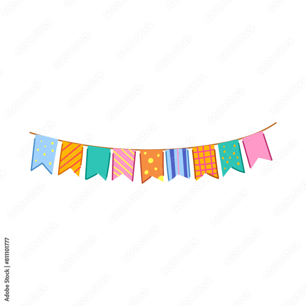 Fototapeta premium decor birthday flags cartoon. triangle anniversary, event card, carnival greeting decor birthday flags sign. isolated symbol vector illustration