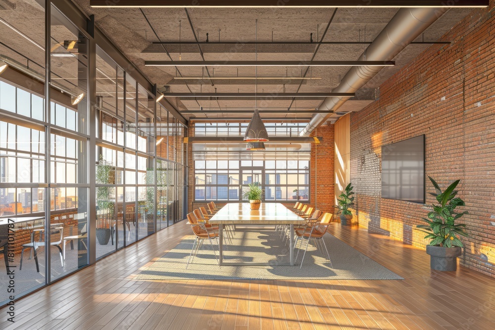 Modern open office space with brick walls and glass, large meeting room on the right side of picture Modern open office space with brick walls and glass, large meeting room on the right side of picture