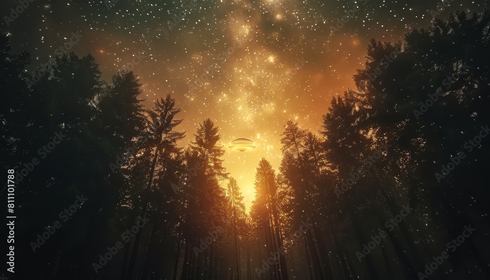 A forest with a bright orange sky and a large alien flying through the trees by AI generated image