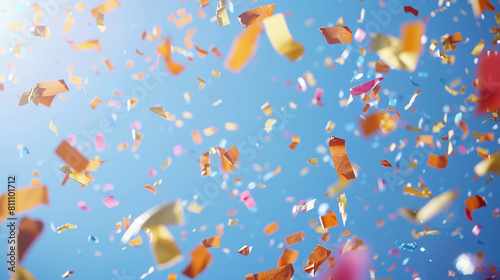 Festive confetti drifts over a sky blue background, simulating a clear day celebration captured in ultra-high definition.