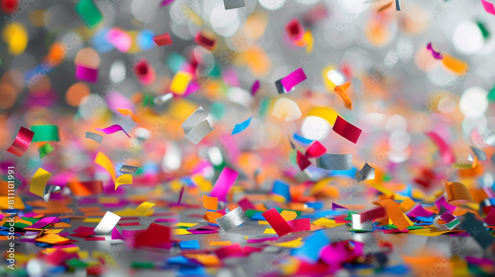 Festive multi-colored confetti on a cool silver background, offering a modern twist to a celebratory scene in ultra HD.