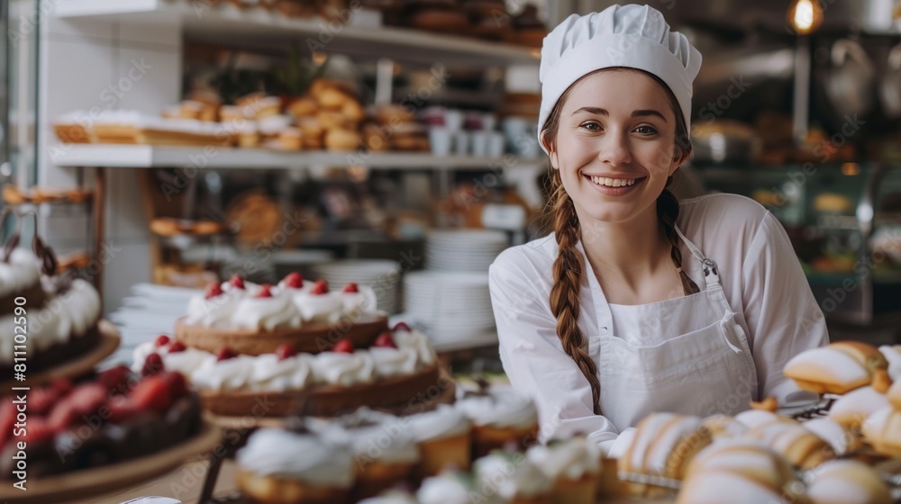 A woman in a white apron stands in front of a display of cakes and pastries