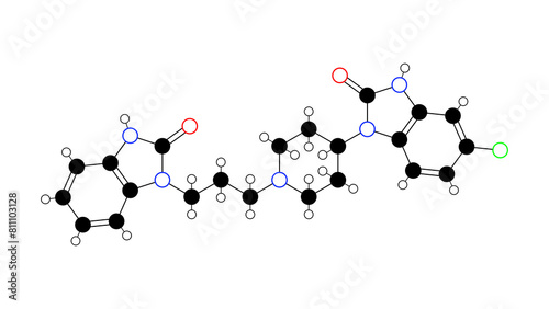 domperidone molecule, structural chemical formula, ball-and-stick model, isolated image dopamine antagonist photo