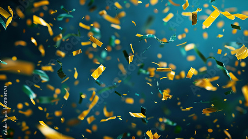 Golden yellow and forest green confetti drifting on a midnight blue background, perfect for elegant festivities.