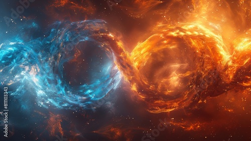 The image is showing two forces colliding, fire and water.
