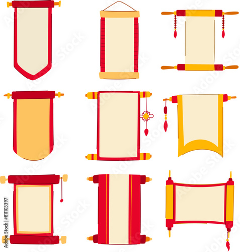 chinese scroll set cartoon. paper china, banner red, year golden chinese scroll sign. isolated symbol vector illustration