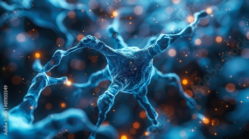 The image shows a 3D rendering of a neuron. The neuron is blue and the background is dark blue with orange and yellow highlights. photo