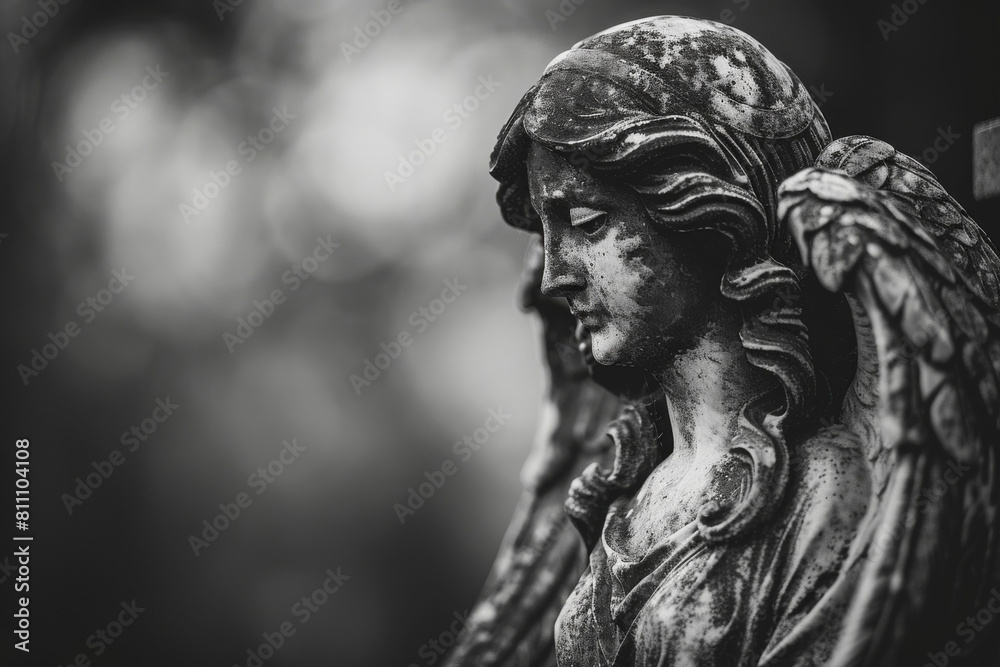 Serene black and white photo of an angel statue, embodying peace and condolences for funeral and memorial service backgrounds Serene black and white photo of an angel statue, embodying peace and condolences for funeral and memorial service backgrounds