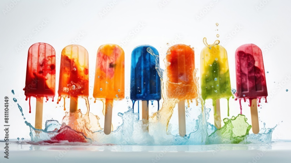 An epic stylized advertise photo of Popsicles bursting energetically , set against a white background The scene Illuminated by dramatic side light, the scene features long shadows and textured movemen