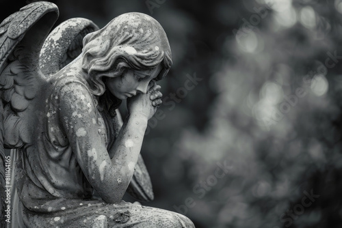 Elegant stone statue of a grieving angel, symbolizing sorrow and remembrance for a solemn funeral condolence background