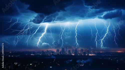 An electrifying thunderstorm over a city at night with multiple lightning strikes illuminating the sky photo