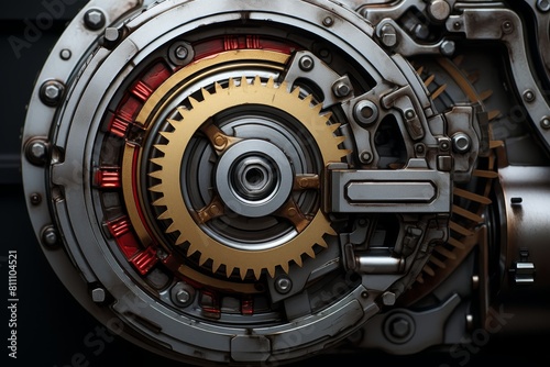 A mechanical gear with a red and gold color scheme. The gears are made of metal and are very detailed. The image has a futuristic and industrial feel to it