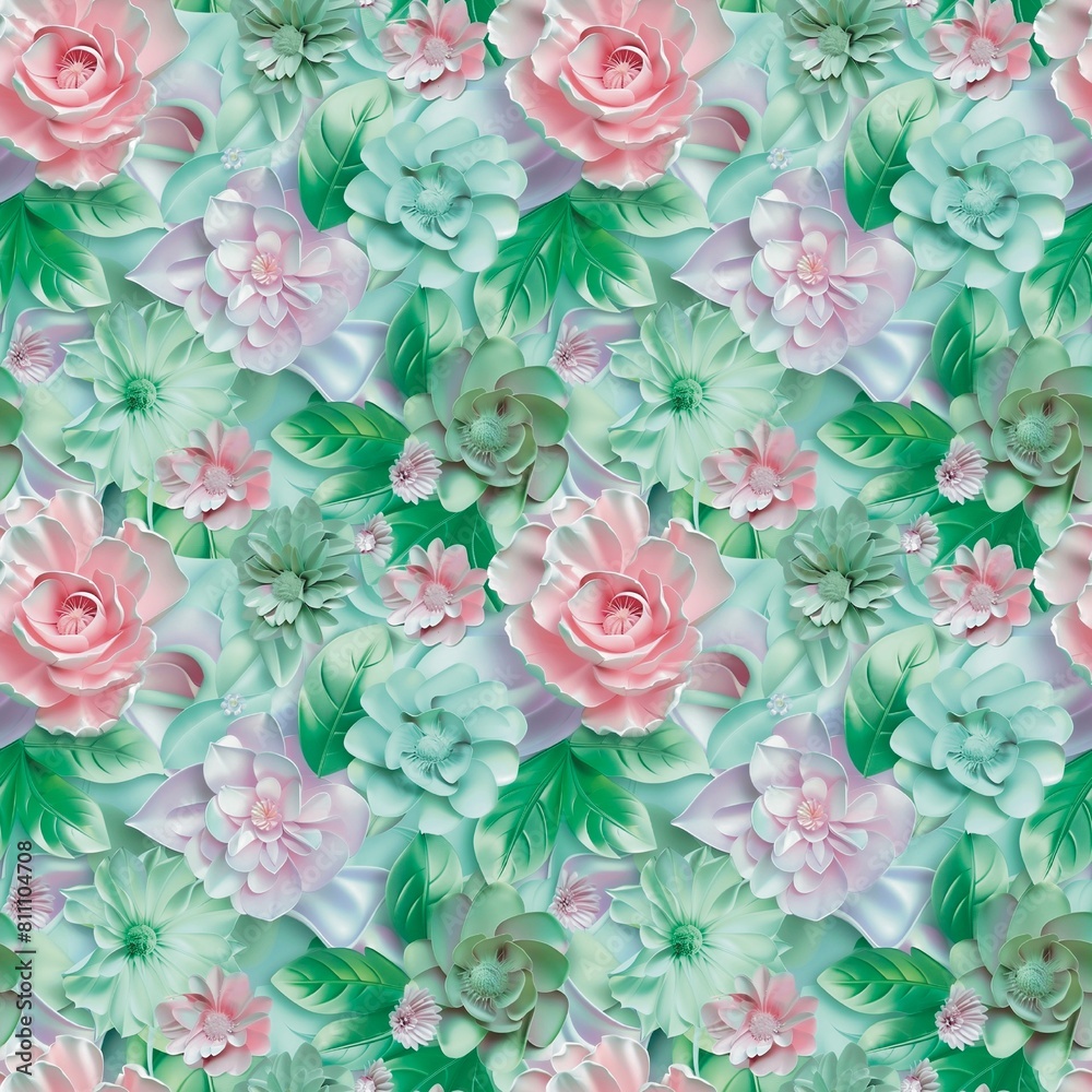 Mixed flowers, light pink mint green leaves, 3 D seamless fabric pattern, textile, background Fashion Design Textile Craft background Mixed flowers, light pink mint green leaves, 3 D seamless fabric pattern, textile, background Fashion Design Textile Craft background
