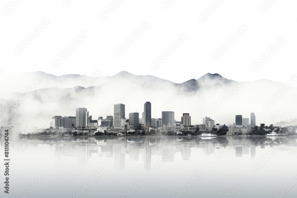 Obraz premium A city skyline is reflected in a body of water. The city is surrounded by mountains, and the fog adds a sense of mystery and calmness to the scene