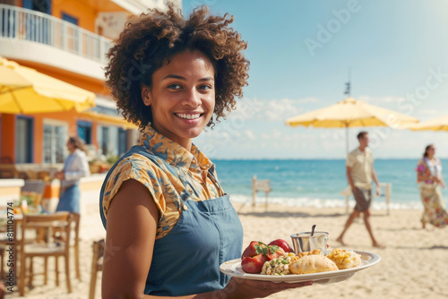 Afro waitress in a black apron is serving food to a man on beach restaurant
