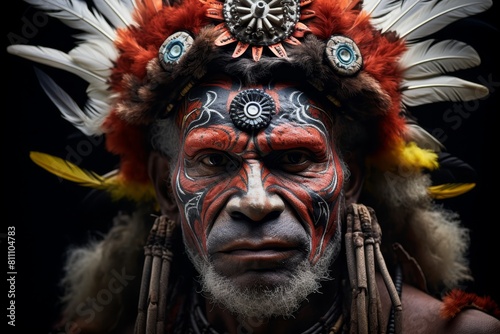 A man with a red face and a feather headdress