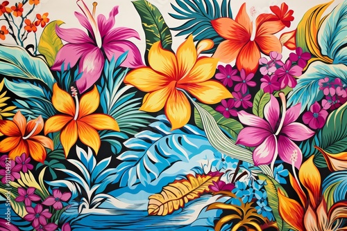 A colorful painting of a tropical forest with a blue ocean in the background. The flowers are bright and vibrant  and the overall mood of the painting is cheerful and lively