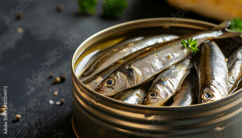 Shiny fresh anchovies overflow from a tin can without a lid standing on the table, food and canned seafood