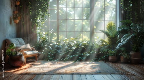 The image shows a bright and airy room with a large window  wooden floor  and lots of plants
