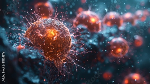 The image shows a cancer cell with a glowing nucleus. The cancer cells are multiplying and spreading.