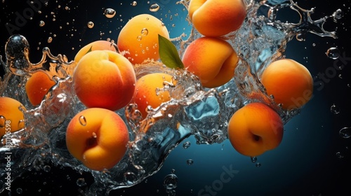 A bunch of ripe Apricots, with water droplets, falling into a deep black water tank, creating a colorful contrast and intricate splash patterns Created Using underwater photography, contrast enhanceme
