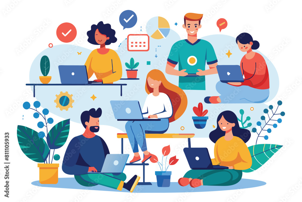 People engaged in a busy work session with laptops open on a table. AI generated